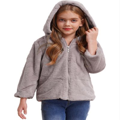 winying Kids Girls Kids Girls Winter Warm Coats Faux Fur Owl Applique Long Sleeve Zippered Hooded Coat Fleece Jacket Grey 14 Years