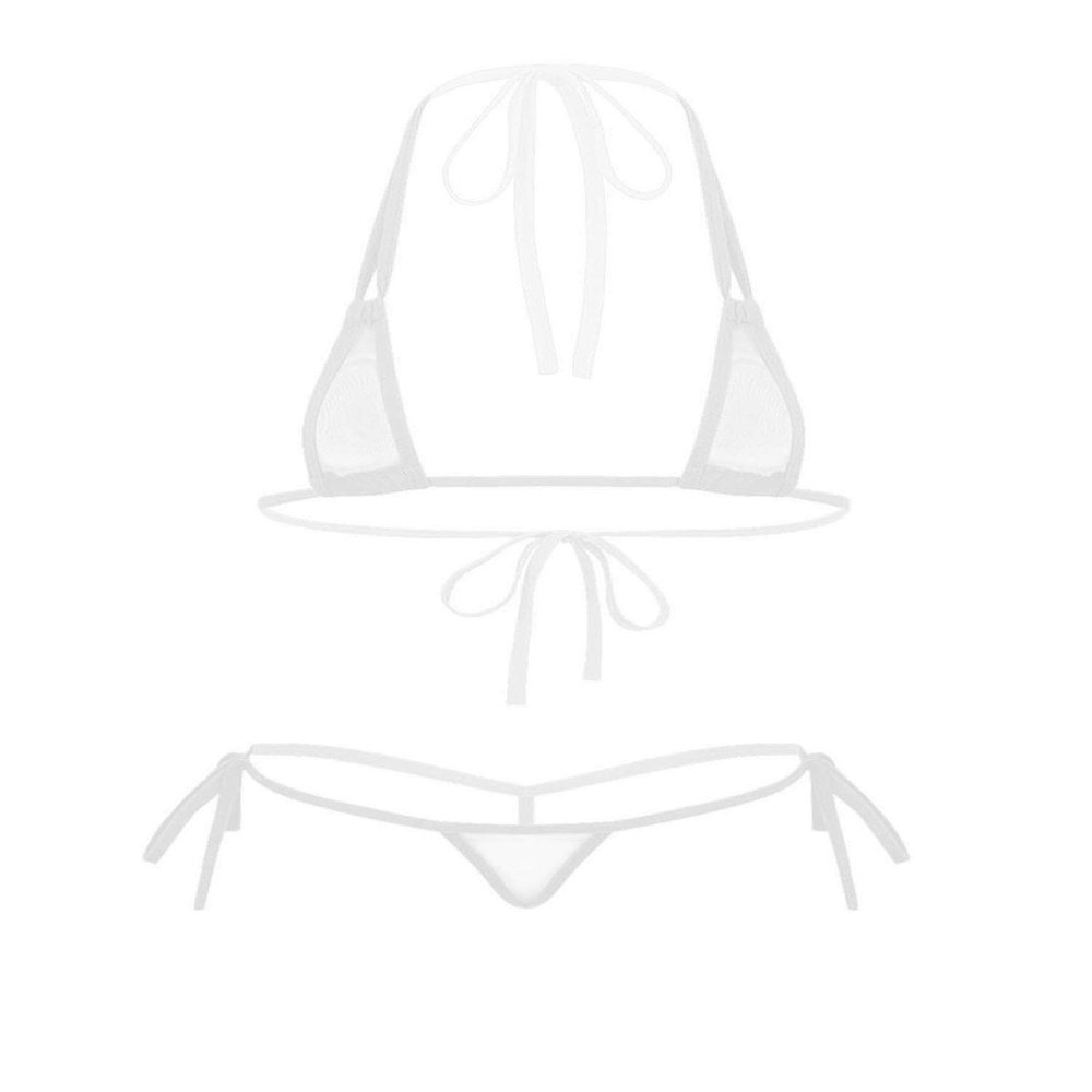 ACSUSS Women's Brazilian Mesh Sheer Extreme Halterneck Micro Bikini Bra Top with G-String Swimsuit 2# White One Size
