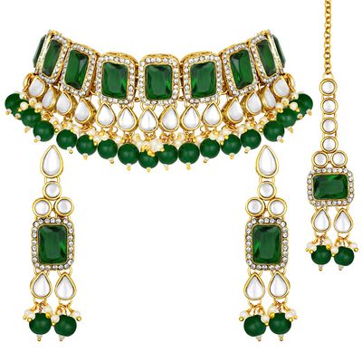Aheli Traditional Faux Stone Nekclace Earrings Maang Tikka Bollywood Wedding Bharatanatyam jewellery Set Gift for Women (Green)