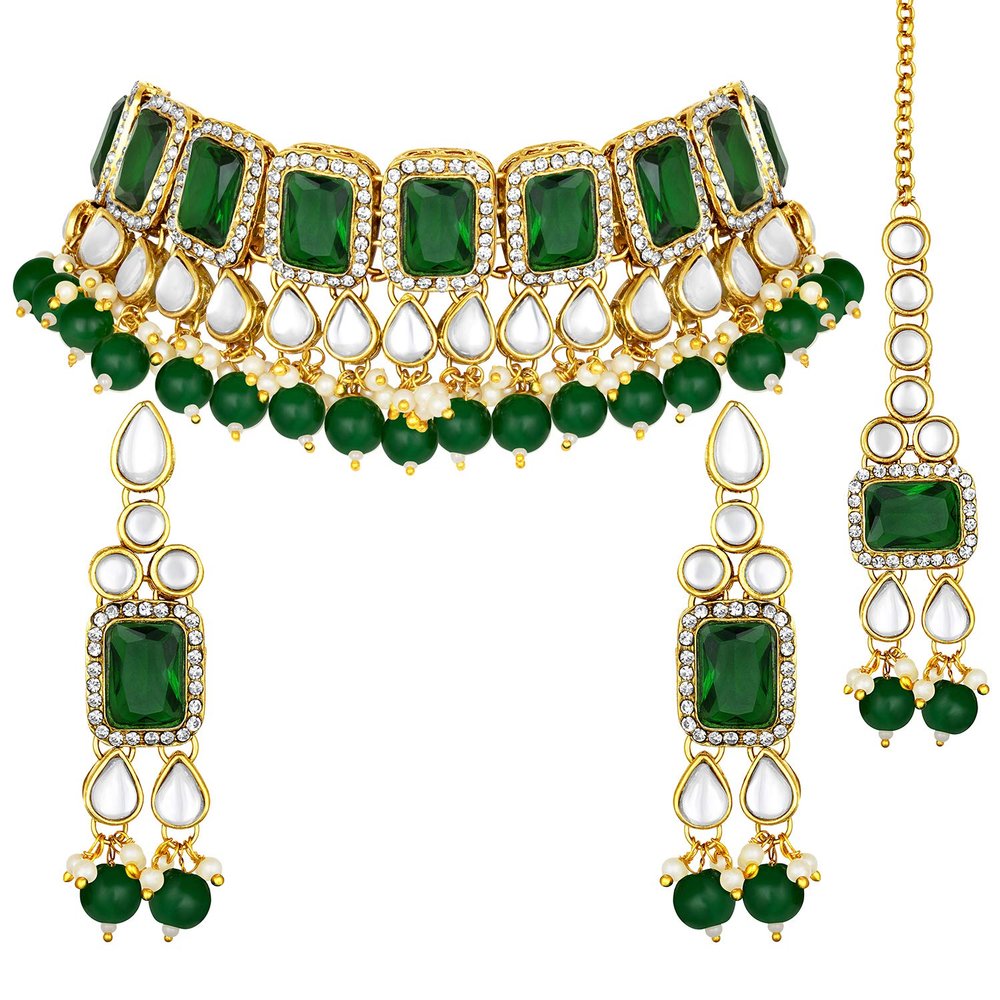 Aheli Traditional Faux Stone Nekclace Earrings Maang Tikka Bollywood Wedding Bharatanatyam jewellery Set Gift for Women (Green)