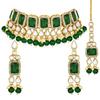 Aheli Traditional Faux Stone Nekclace Earrings Maang Tikka Bollywood Wedding Bharatanatyam jewellery Set Gift for Women (Green) view 1
