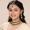 Aheli Traditional Faux Stone Nekclace Earrings Maang Tikka Bollywood Wedding Bharatanatyam jewellery Set Gift for Women (Green) view 2