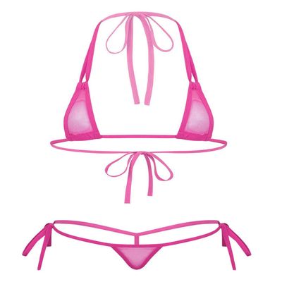 ACSUSS Women's Brazilian Mesh Sheer Extreme Halterneck Micro Bikini Bra Top with G-String Swimsuit 2# Hot Pink One Size