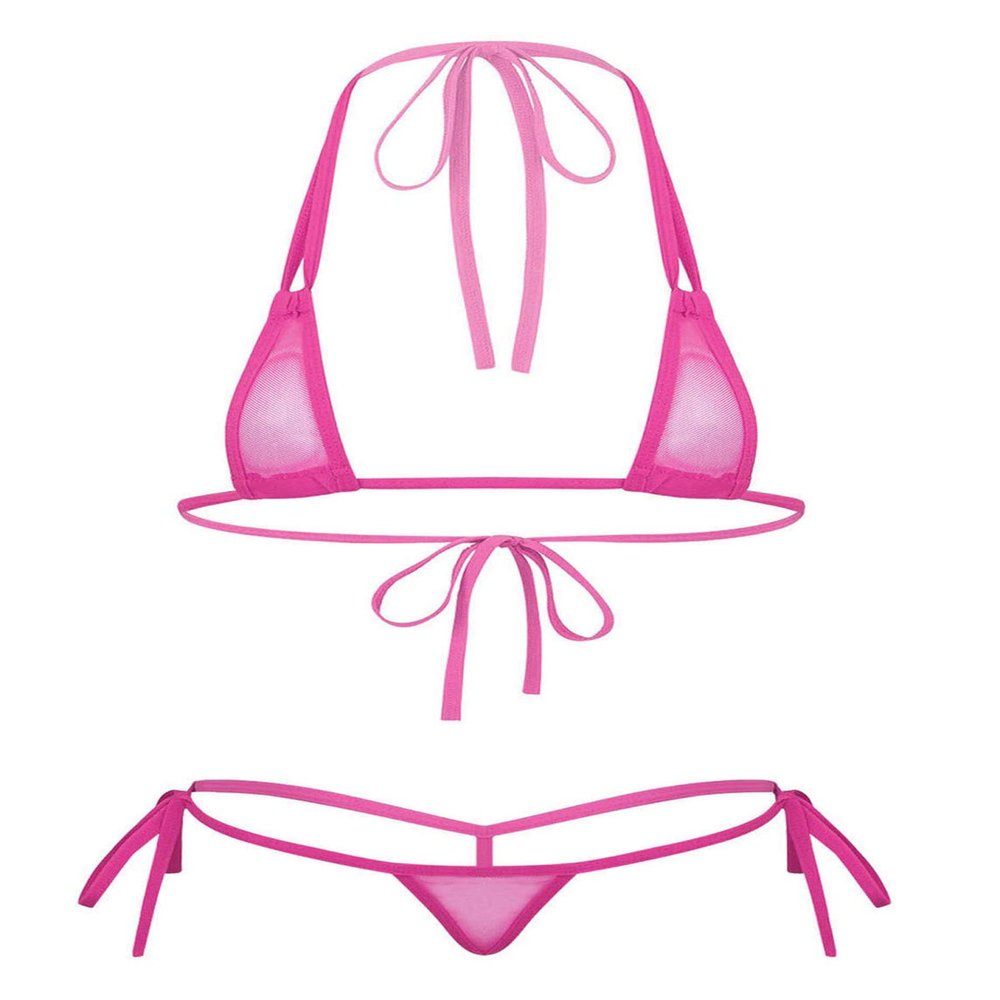 ACSUSS Women's Brazilian Mesh Sheer Extreme Halterneck Micro Bikini Bra Top with G-String Swimsuit 2# Hot Pink One Size