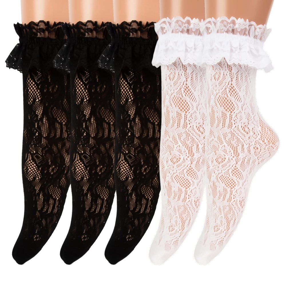 Cherisia 5 Pairs Women Ruffle Ankle Socks Trim Lace Frilled Dress Socks Set, Princess Fashion Cute Anklet (Pure White Black Rose)