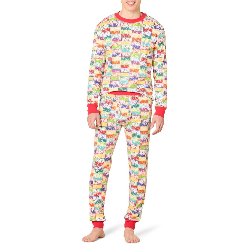 Amazon Essentials Disney | Marvel | Star Wars Men's Snug-Fit Pajama Sleep Sets, Marvel Holiday Bricks, X-Large