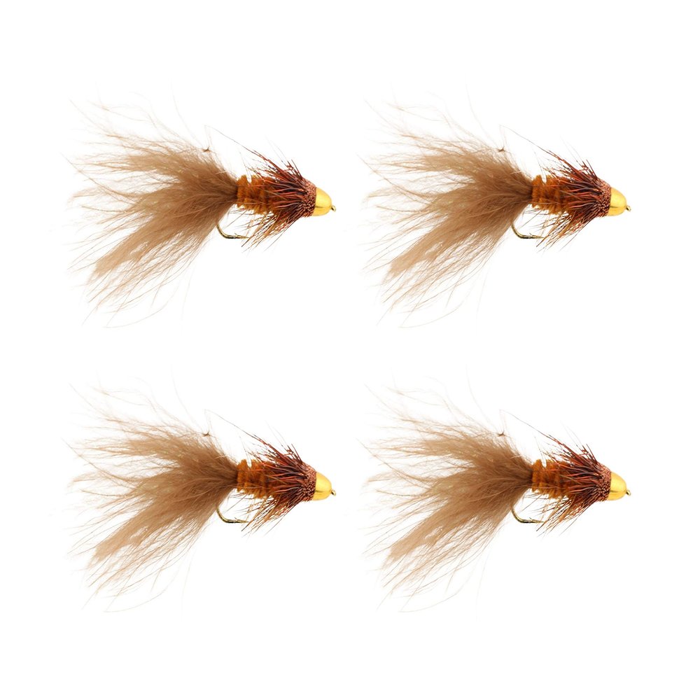 Wild Water Fly Fishing Cone Head Brown Wooly Buggers, Size 8, Qty. 4, for Deeper Water Fish, Trout, Pike, and Bass