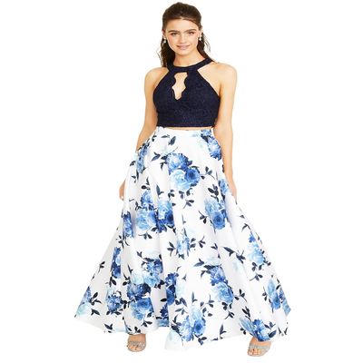 City Studio Womens Juniors Floral Flyaway Two Piece Dress Blue 1