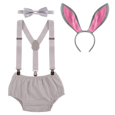 Newborn Infant Baby Girl Boy First Easter Outfit 1st Birthday Cake Smash Set Bunny Ear Headwear Y-back Suspenders Bow Tie Shorts Pants Diaper Cover 4pcs Clothes Photo Props Gray Bunny 3-24 Months