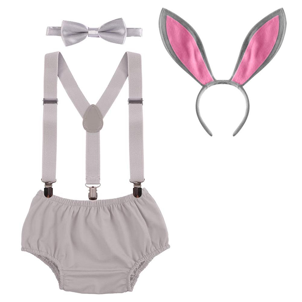 Newborn Infant Baby Girl Boy First Easter Outfit 1st Birthday Cake Smash Set Bunny Ear Headwear Y-back Suspenders Bow Tie Shorts Pants Diaper Cover 4pcs Clothes Photo Props Gray Bunny 3-24 Months