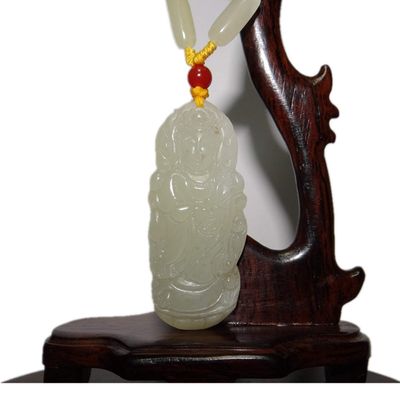 2.2" China Certified Nature Nephrite Hetian Jade Blessing Guanyin Hand Carved Necklace Pendant5794