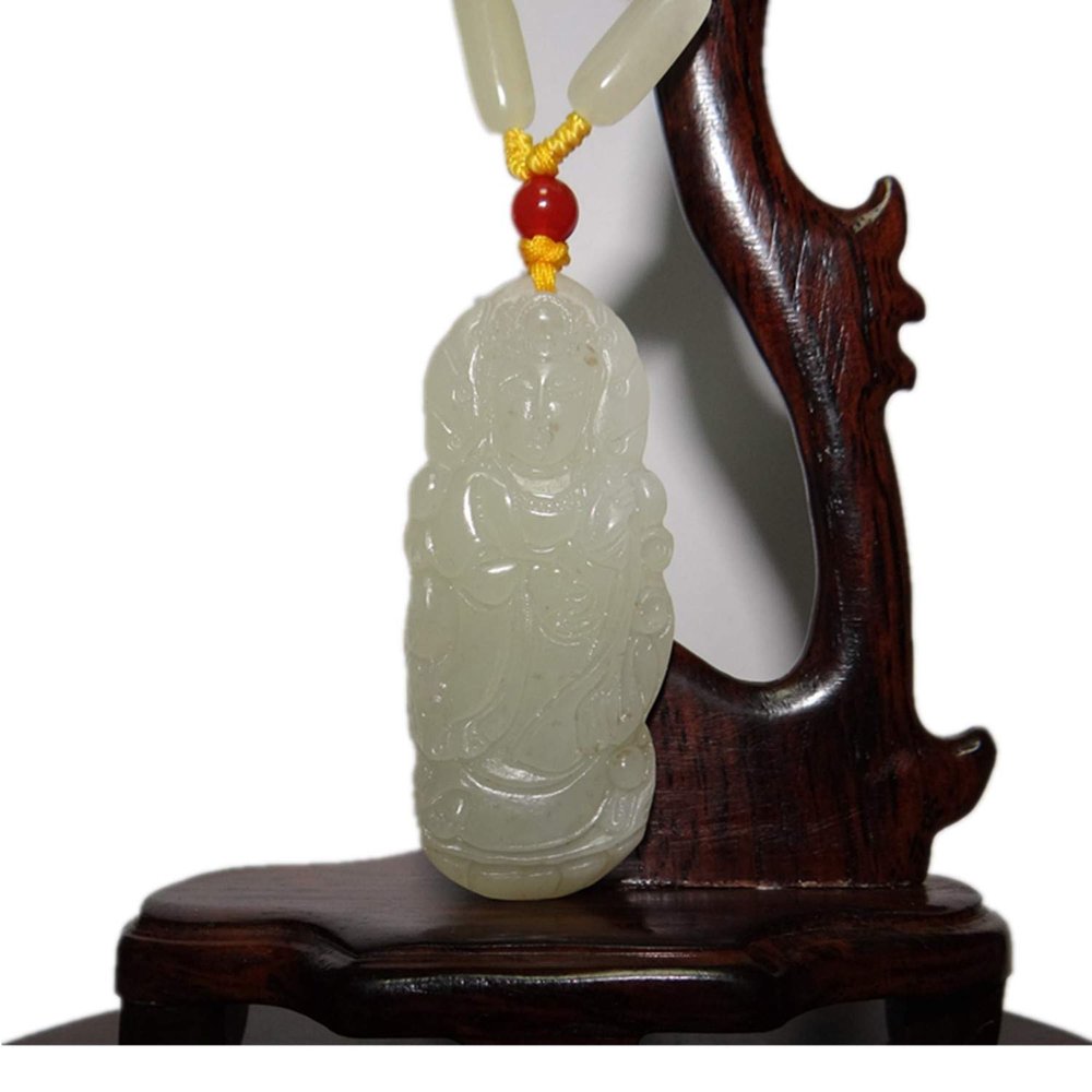 2.2" China Certified Nature Nephrite Hetian Jade Blessing Guanyin Hand Carved Necklace Pendant5794