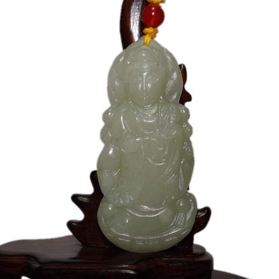 3" China Certified Nature Hetian Nephrite Jade Blessing Guanyin Hand Carved Necklace Pendant 8988