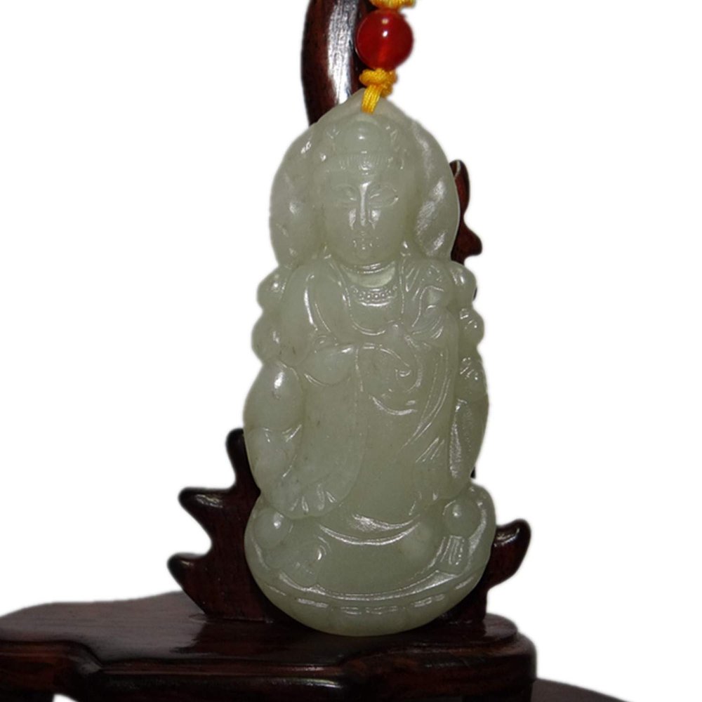 3" China Certified Nature Hetian Nephrite Jade Blessing Guanyin Hand Carved Necklace Pendant 8988