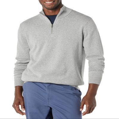 Amazon Essentials Men's 100% Cotton Quarter-Zip Sweater, Medium Grey Heather, Medium