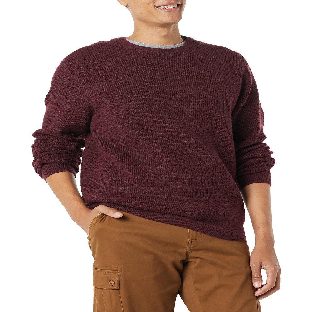 Amazon Essentials Men's Long-Sleeve Soft Touch Waffle Stitch Crewneck Sweater, Burgundy, Small