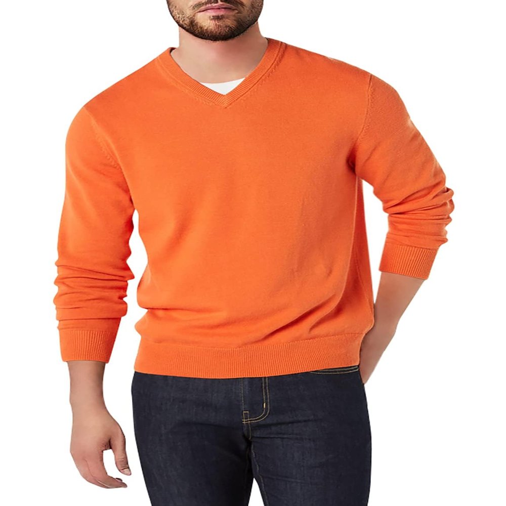 Amazon Essentials Men's V-Neck Pullover Sweater (Available in Big & Tall), Orange, X-Small