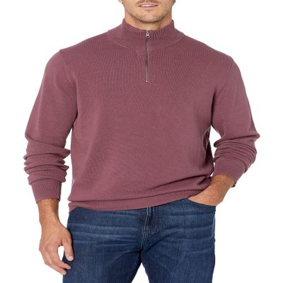 Amazon Essentials Men's 100% Cotton Quarter-Zip Sweater, Plum, Large
