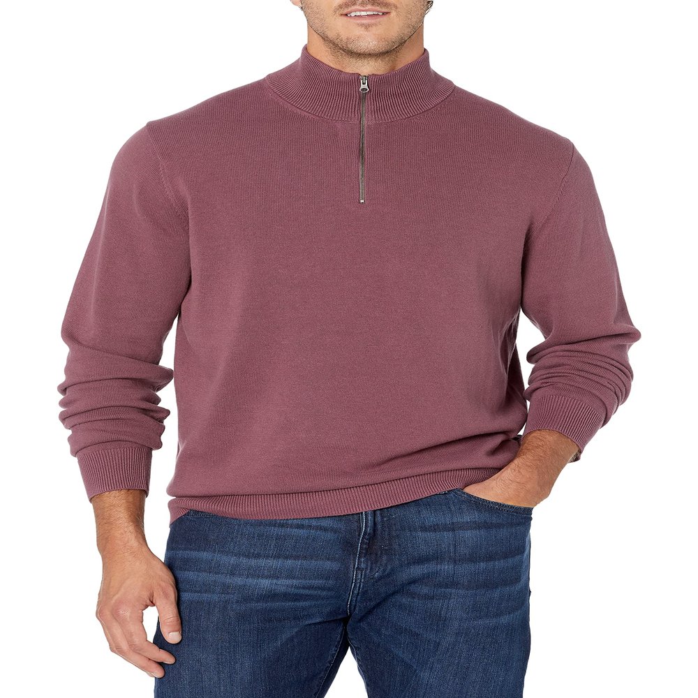 Amazon Essentials Men's 100% Cotton Quarter-Zip Sweater, Plum, Large