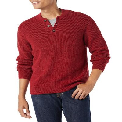 Amazon Essentials Men's Long-Sleeve Soft Touch Cotton Blend Henley Sweater, Red, Large