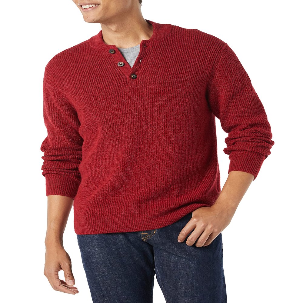 Amazon Essentials Men's Long-Sleeve Soft Touch Cotton Blend Henley Sweater, Red, Large