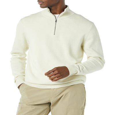 Amazon Essentials Men's 100% Cotton Quarter-Zip Sweater, Ivory, Medium