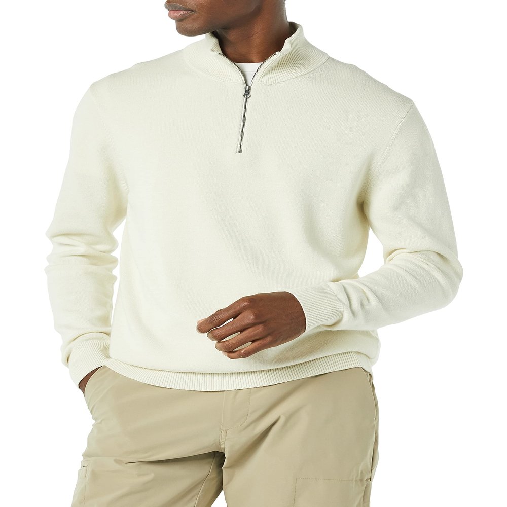 Amazon Essentials Men's 100% Cotton Quarter-Zip Sweater, Ivory, Medium