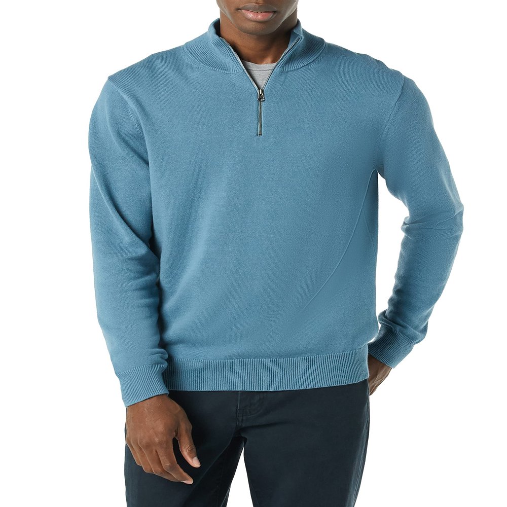 Amazon Essentials Men's 100% Cotton Quarter-Zip Sweater, Blue, Small