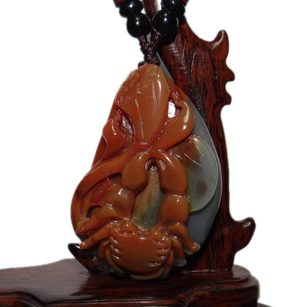 2.2" China Certified Nature Yellow Dragon Jade Fortue Crab and Lotus Hand Carved Necklace Pendants 8399