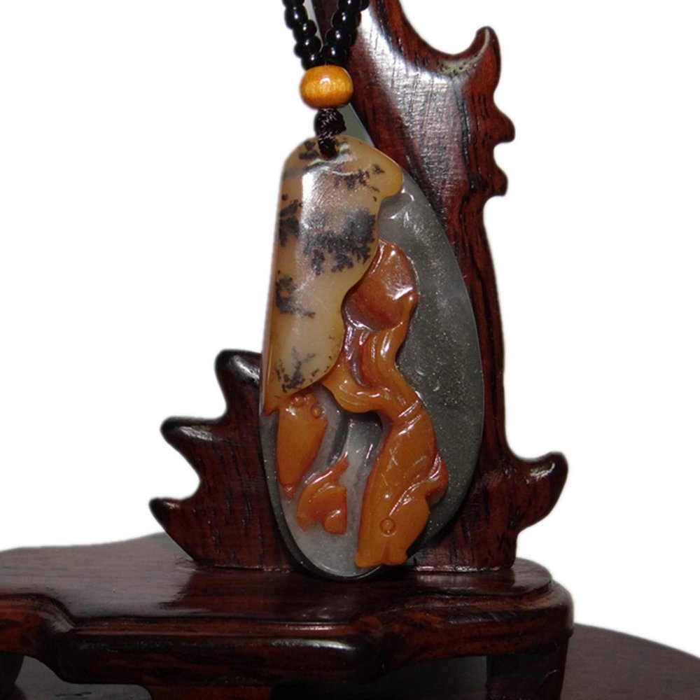 2.1" China Certified Nature Yellow Dragon Jade Fortue Fish and Lotus Hand Carved Necklace Pendants 8400