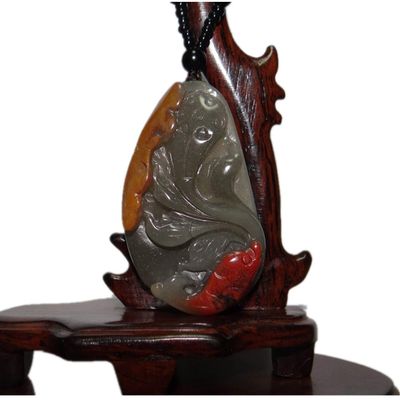 2.2" China Certified Nature Yellow Dragon Jade Fortue Fish and Lotus Hand Carved Necklace Pendants 8391