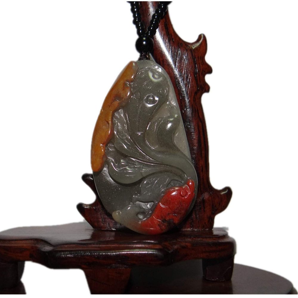 2.2" China Certified Nature Yellow Dragon Jade Fortue Fish and Lotus Hand Carved Necklace Pendants 8391