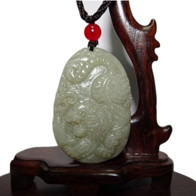 2.1" China Certified Nature Hetian Nephrite Jade Auspicious Tiger Hand Carved Necklace Pendant 2985