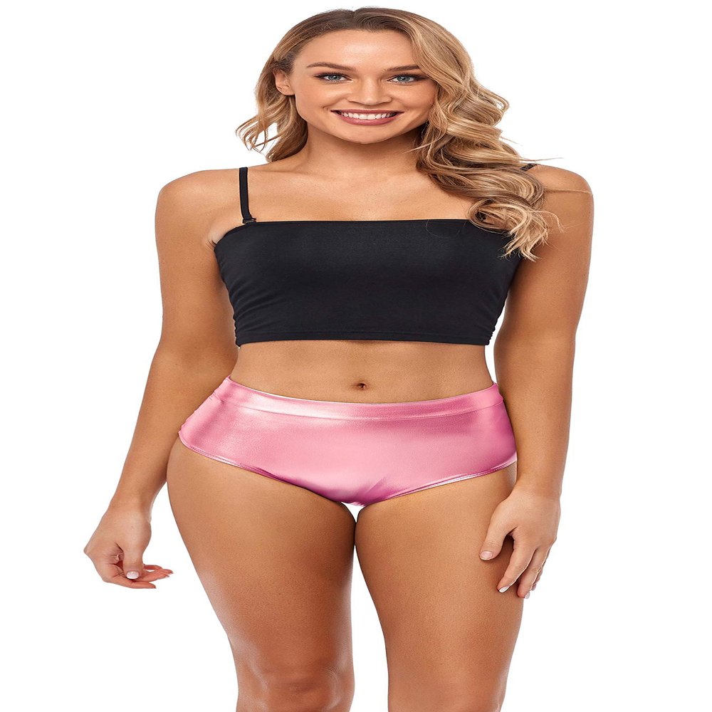 Kepblom Metallic High Waisted Booty Shorts Women's Shiny Cheeky Dance Festival Rave Bottoms(Pink,L)