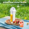 600ml Dual Use Water Bottle, Portable Split Drinking Cup with Straw Two Sided Cup with Divider for Home Outdoor Camping Sport(White) view 2