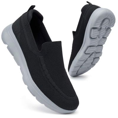 konhill Men's Slip on Loafers Walking Shoes - Mesh Casual Tennis Sneaker Black/Grey,Label 46.5