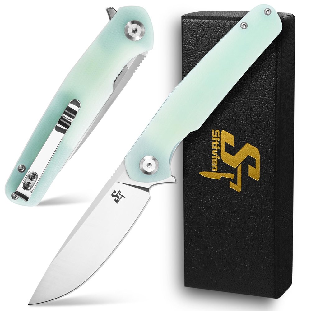 Sitivien ST102 Folding Knife, D2 Steel Blade+G10 Handle Pocket Knife, EDC Tool Knife for Outdoor, Camping, Hunting, Survival (Turquoise) 