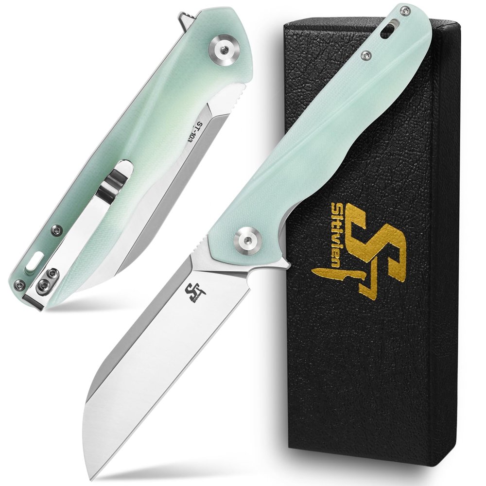 Sitivien ST103 Folding Knife, D2 Steel Blade+G10 Handle Pocket Knife, EDC Tool Knife for Outdoor, Camping, Hunting, Survival (Jade)