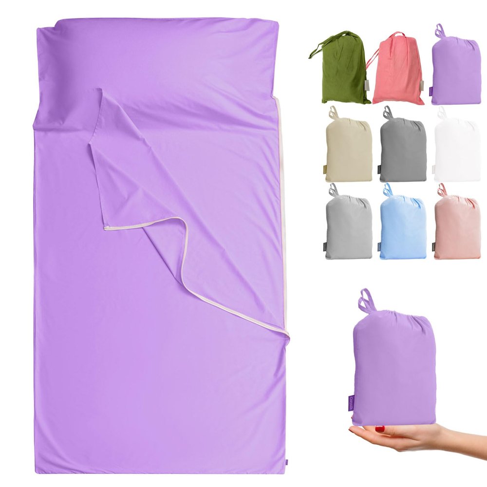 Cozysilk Brand - GANNAFEE Cotton Sleeping Bag Liner with Zipper - 100% Cotton Travel Sheet Sleep Sack Adult - Travel Sleeping Bag for Hotels Camping Hiking (Single Luxury - 41 x 87 inch, Lavender)