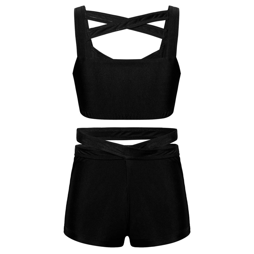 easyforever Kids Girls Dance Outfits Gymnastics Leotard Training Suit Sports Bra Crop Top with Shorts Set Black 6