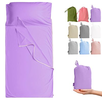 Cozysilk Brand - GANNAFEE Cotton Sleeping Bag Liner with Zipper - 100% Cotton Travel Sheet Sleep Sack Adult - Travel Sleeping Bag for Hotels Camping Hiking (Single - 33.5 x 87 inch, Lavender)