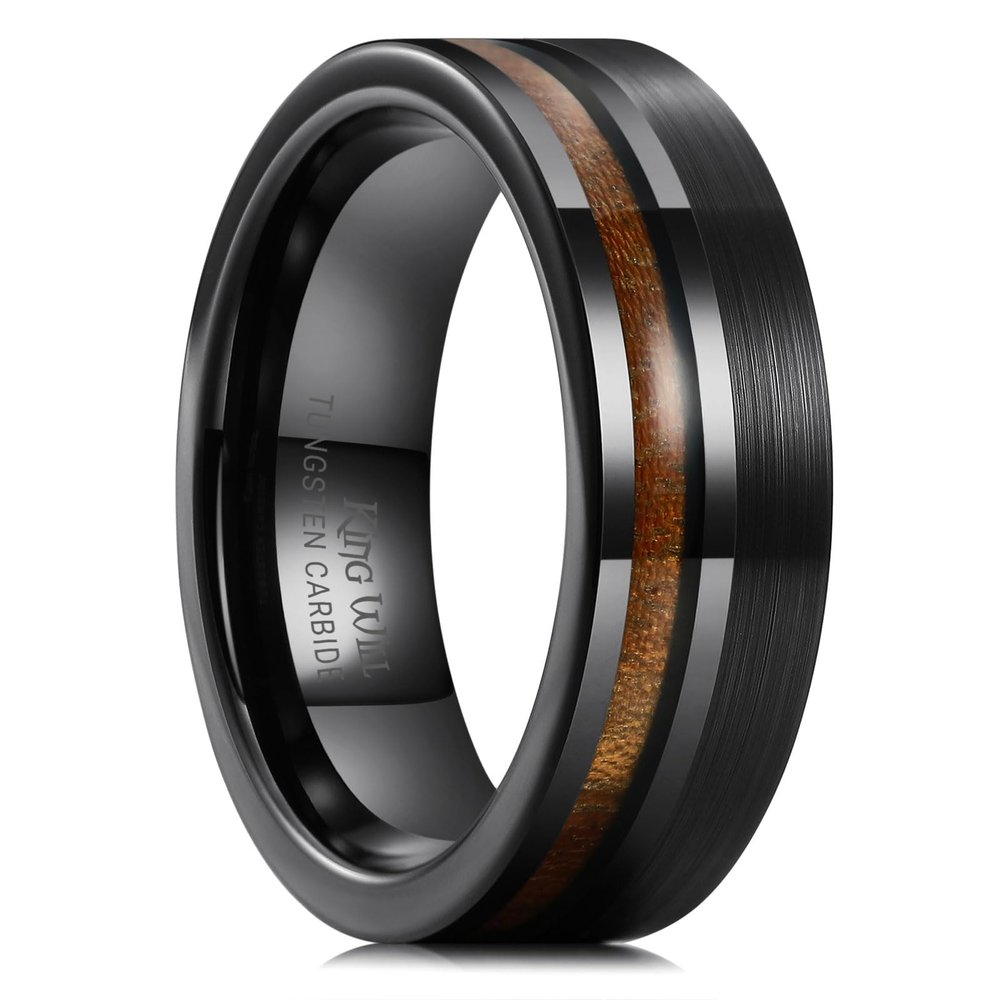 King Will 7mm Tungsten Rings for Men Nature Acacia Wood Inlay Centre Grooved Mens Wedding Band Fashionable Engagement Ring Matte Brushed Pipe Cut Comfit Fit Durable, Black Size 10