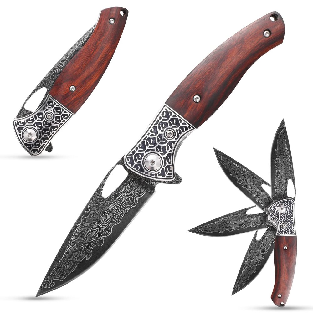 Sitivien ST206 Damascus Steel Folding Knife, VG10 Core Blade, Desert Ironwood+CNC Precision Carving Handle Tactical Pocket Knife, EDC Tool Knife for Outdoor, Camping, Hunting, Hiking, Survival  