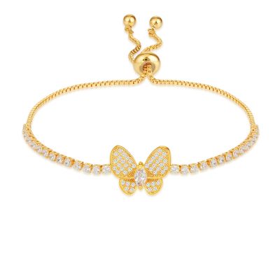 COTTVOTT Sparkling Cubic Zirconia Adjustable Slider Tennis Charm Bracelet For Women (Golden, Butterfly)