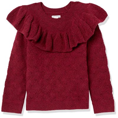 Amazon Essentials Girls' Soft Touch Ruffle Pullover Sweater, Raspberry Red Shearling, XX-Large