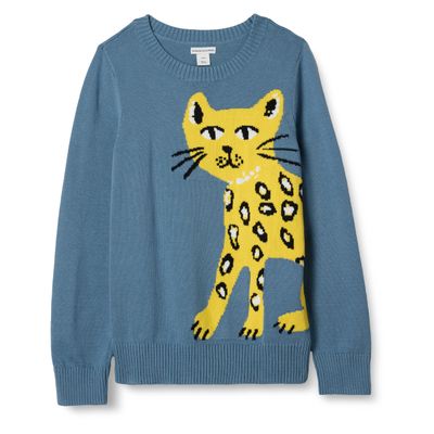Amazon Essentials Toddler Girls' Pullover Crewneck Sweater, Blue Cat, 4T
