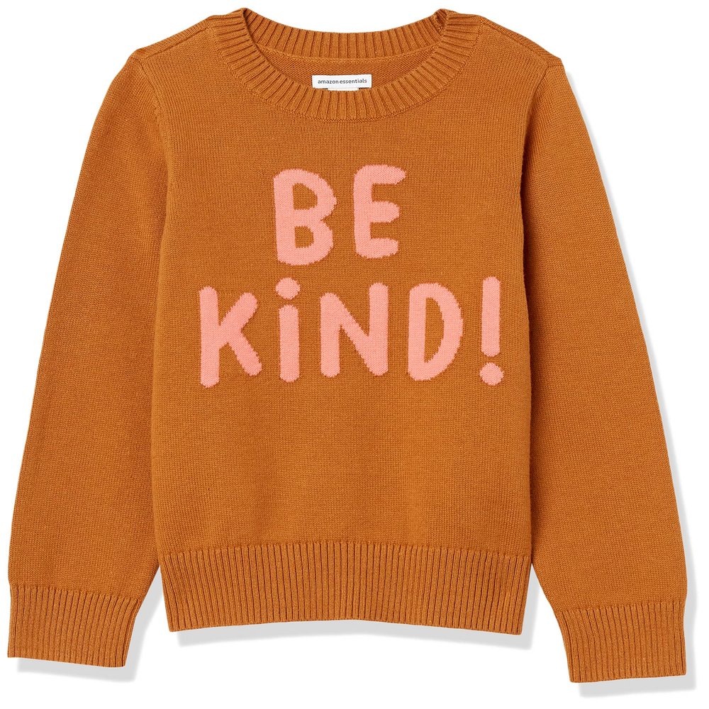 Amazon Essentials Girls' Knitted Pullover Crewneck Sweater, Caramel/Pink, Large