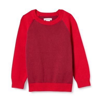 Amazon Essentials Boys' Cotton Knit Pullover Crewneck Sweater, Red Color Block, Large