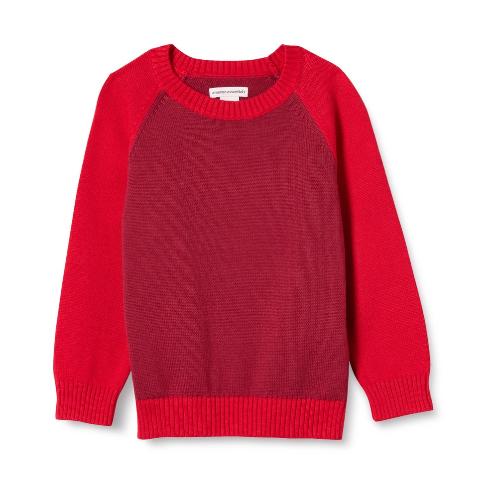 Amazon Essentials Boys' Cotton Knit Pullover Crewneck Sweater, Red Color Block, Large