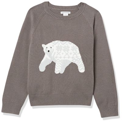 Amazon Essentials Boys' Pullover Crewneck Sweater, Dark Grey White Polar Bear, Large